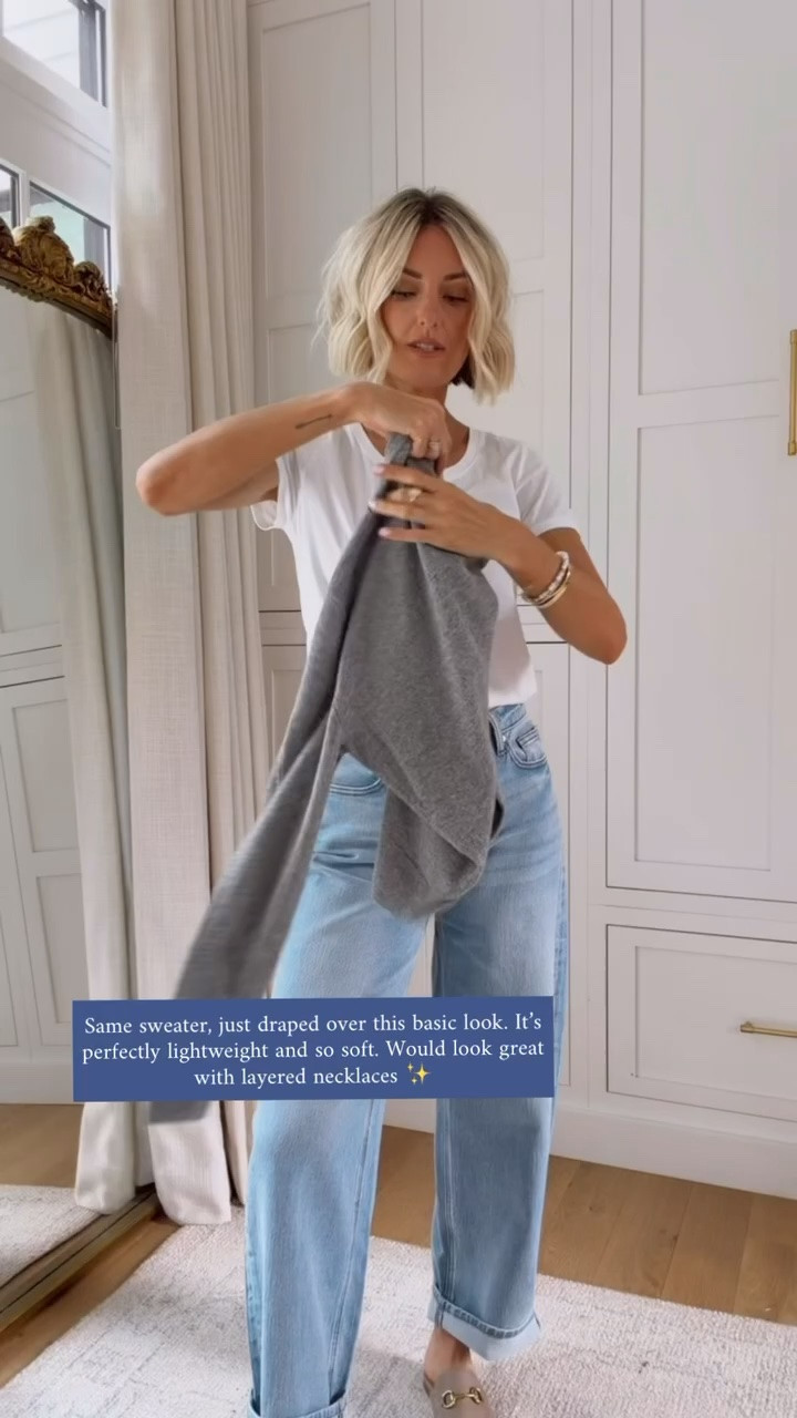 The same grey cashmere cardigan that I shared tied around the shoulders! Adding layered necklaces would add a great chic finish! Wearing S /26 @Quince #quincepartner

#LTKSeasonal #LTKootd