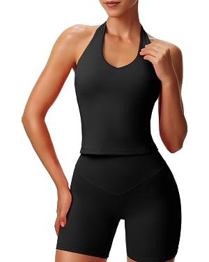 Aoxjox Women's Sleeveless Hailey Halter Tank Tops Workout Athletics Gym Yoga Curve Longline Crop ... | Amazon (US)
