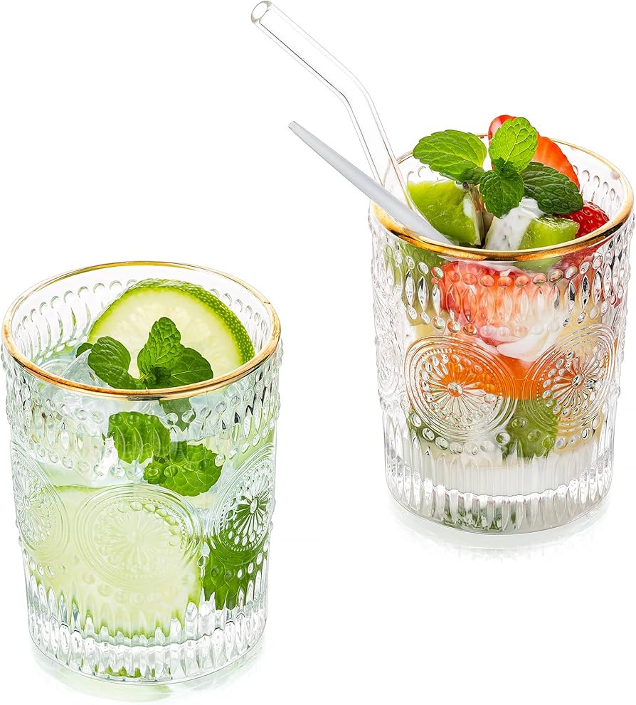 Crystal Water Glasses Set of 2, 10 oz Gold Rim Glass Cups for Coffee, Vintage Glassware Modern Dr... | Amazon (US)