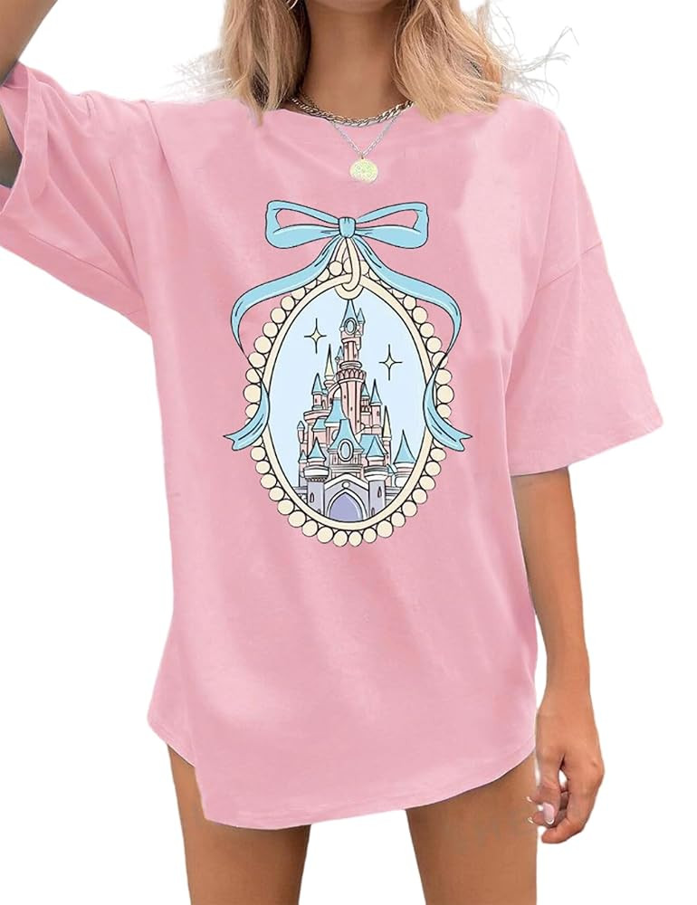 jusgai Magic Kingdom Tshirts for Women Cute Castle Shirt Oversized Bows Graphic Tee Family Vacati... | Amazon (US)