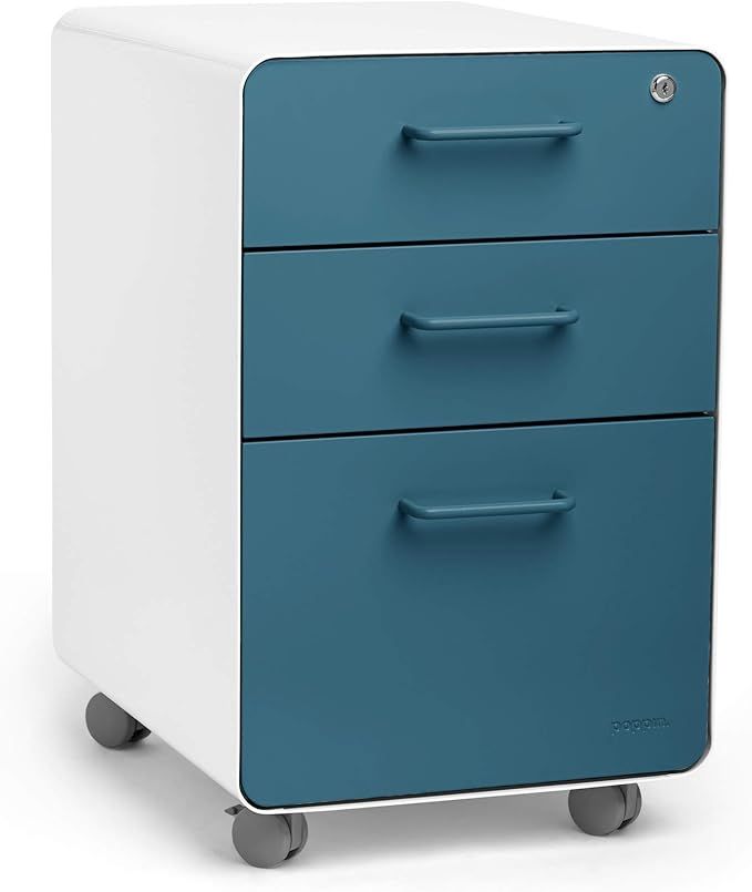 Poppin Stow 3-Drawer Rolling File Cabinet - White + Slate Blue. 2 Utility Drawers and 1 Hanging F... | Amazon (US)
