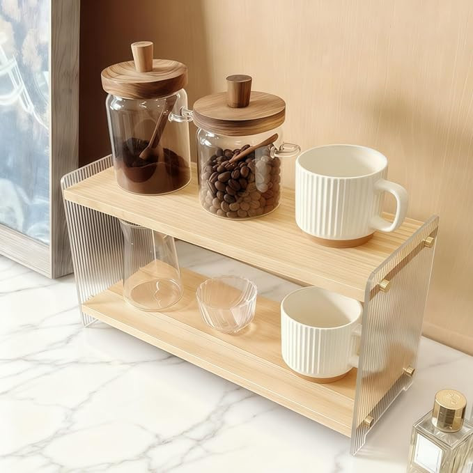 Coffee Station Organizer 2 Tier,Solid Wood Mug Shelf with Solid Wood Material and Vertical Transp... | Amazon (US)
