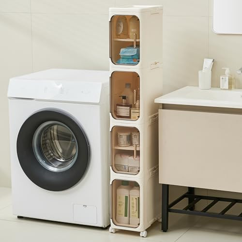 UFORU 4-Tier Tall Narrow Storage Cabinet- Plastic Slim Bathroom Storage Organizer with Magnetic Doors,Adjustable Shelves&Movable Wheels, Foldable Skinny Cabinet for Small Spaces,Kitchen,Laundry | Amazon (US)