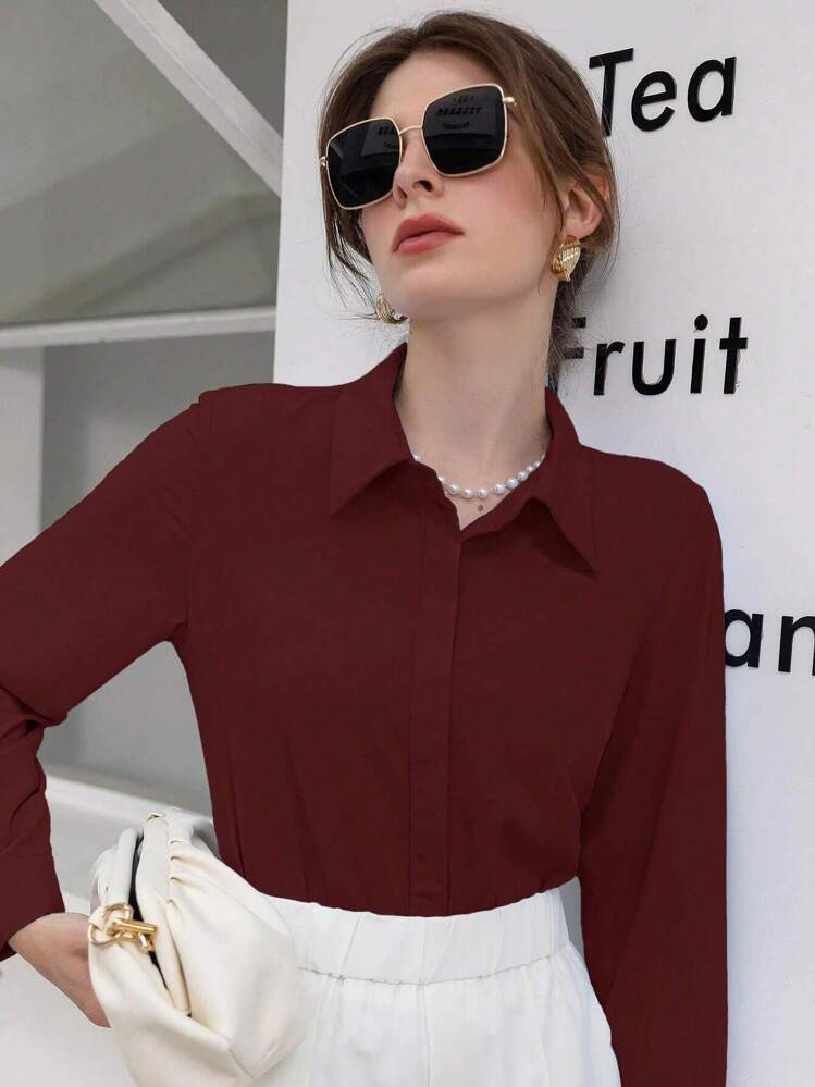 SHEIN Mulvari Burgundy Red Solid Button Front Shirt | SHEIN