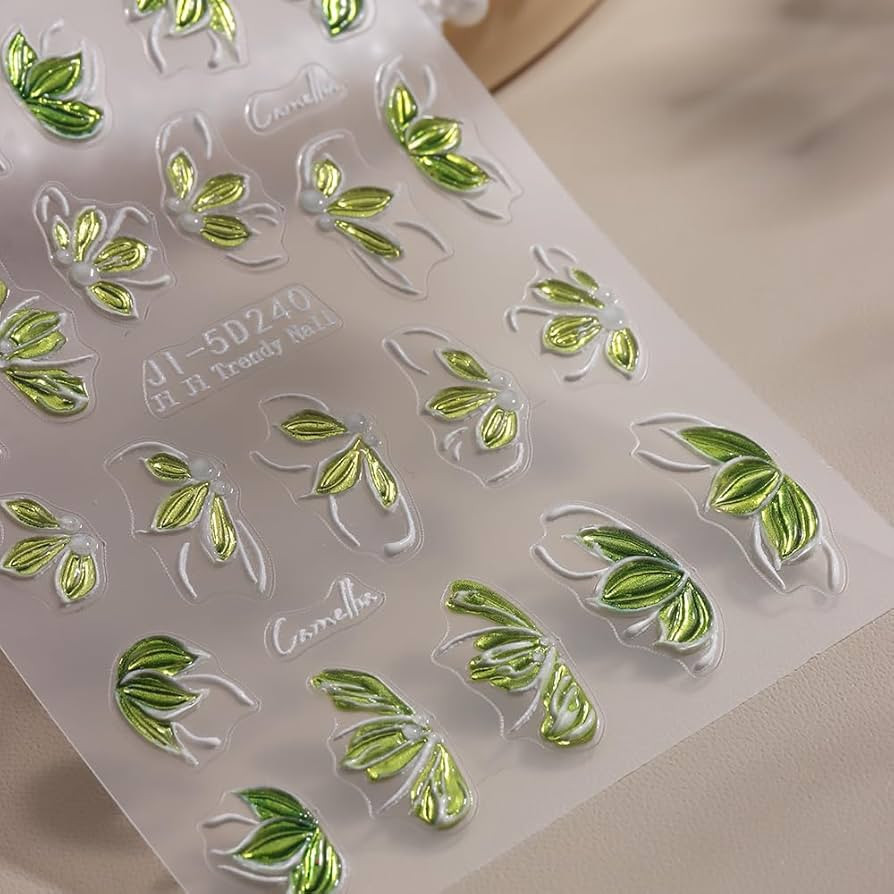 2Sheets Green Flower Nail Art Stickers 5D Embossed Spring Nail Decals Shiny Gold Green Gilding Fl... | Amazon (US)