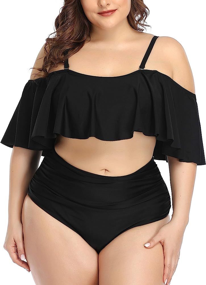 Women Plus Size Swimwear Two Piece Ruffled Bikini Off Shoulder High Waist | Amazon (US)