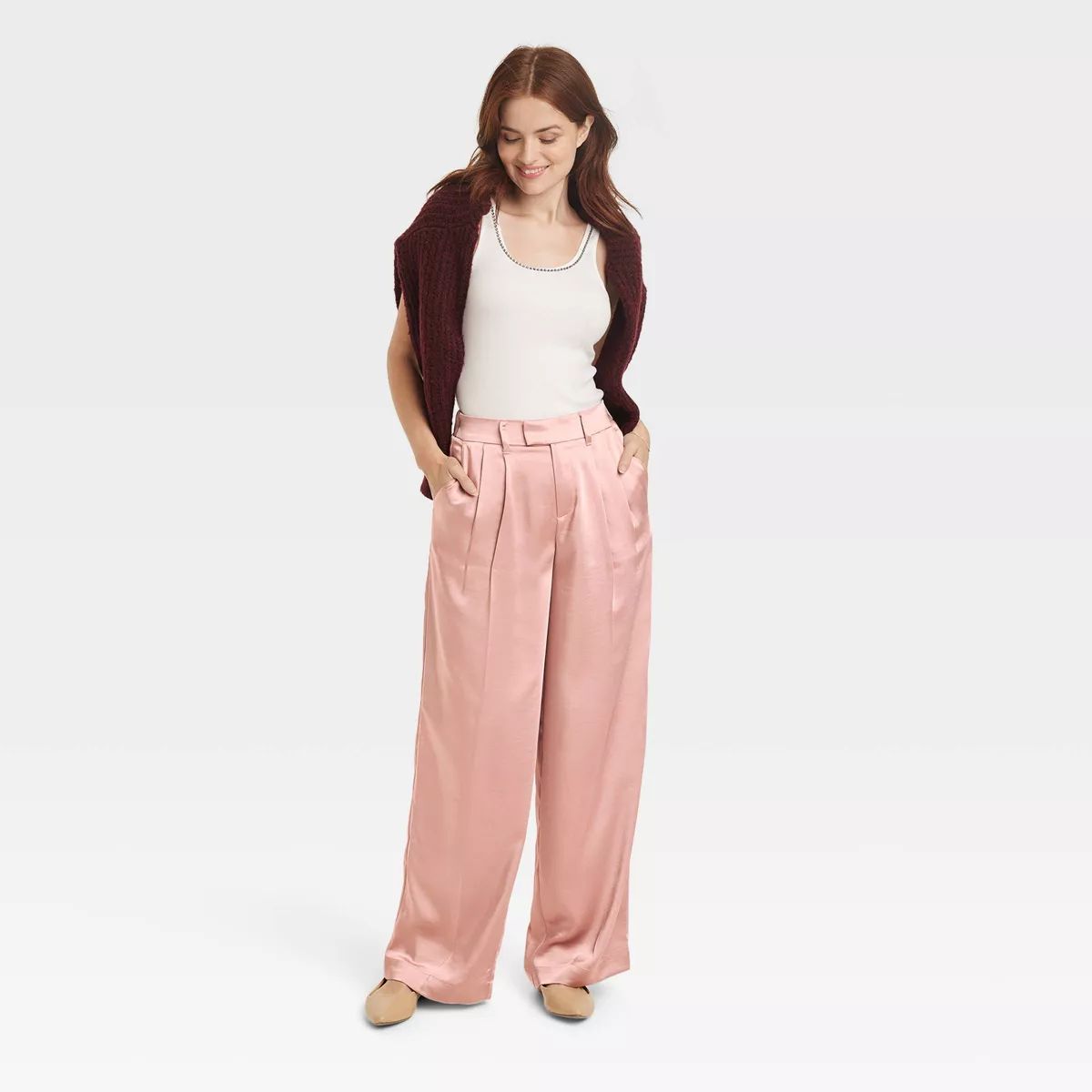 Women's High-Rise Wide Leg Satin Pants - A New Day™ Dusty Pink 2 | Target