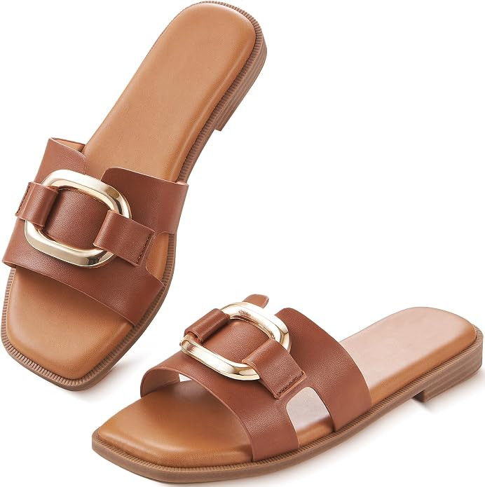Womens Sandals Slip On Flat for Summer Comfortable Ladies Dressy Fashion Square Open Toe Slides F... | Amazon (US)