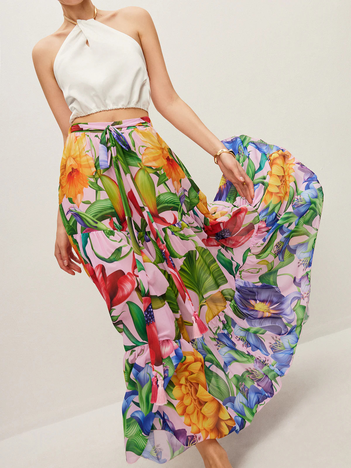 Semi-Sheer Floral Print Belted Chiffon Skirt | Commense