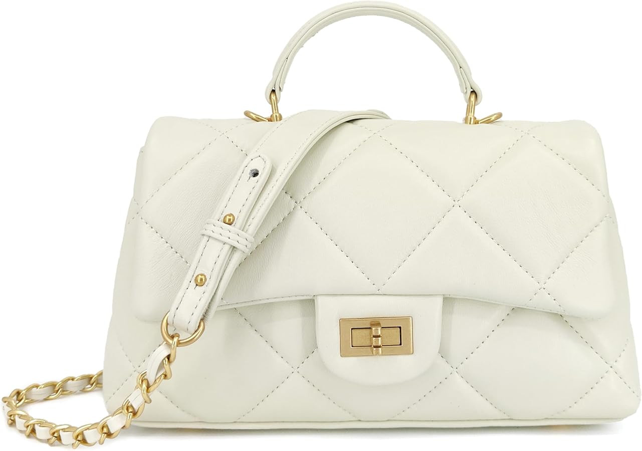 Quilted Leather Crossbody Bags for Women w/Detachable Gold Chain Strap, Designer Small Top Handle... | Amazon (US)