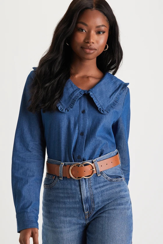 The Lilian Medium Wash Chambray Chelsea Collar Top | Lulus (US)