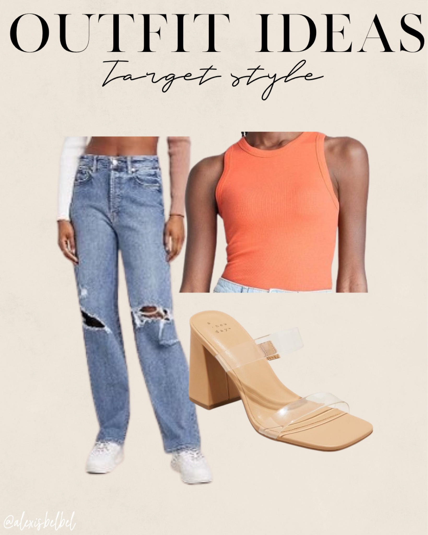 Target outfit idea for spring: orange tank size Xs , ripped straight jeans size 00, clear sandals size 7 

#LTKunder100 #LTKstyletip #LTKunder50