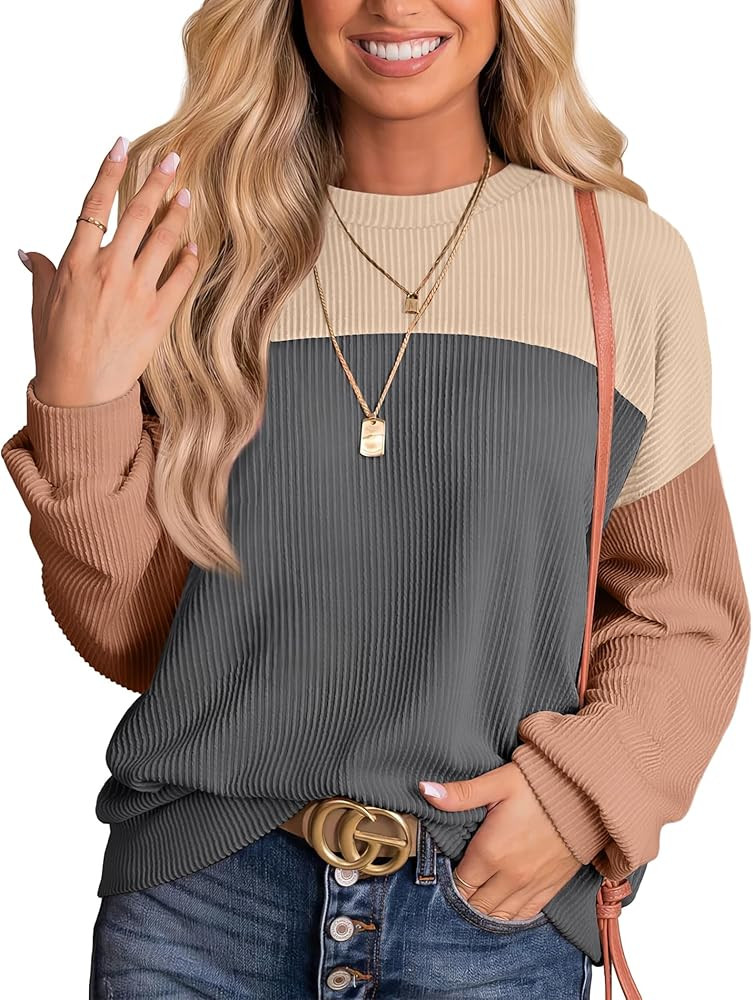 Womens Fashion 2024 Color Block Long Sleeve Crewneck Knitted Ribbed Shirts Loose Tunic Tops Casua... | Amazon (US)