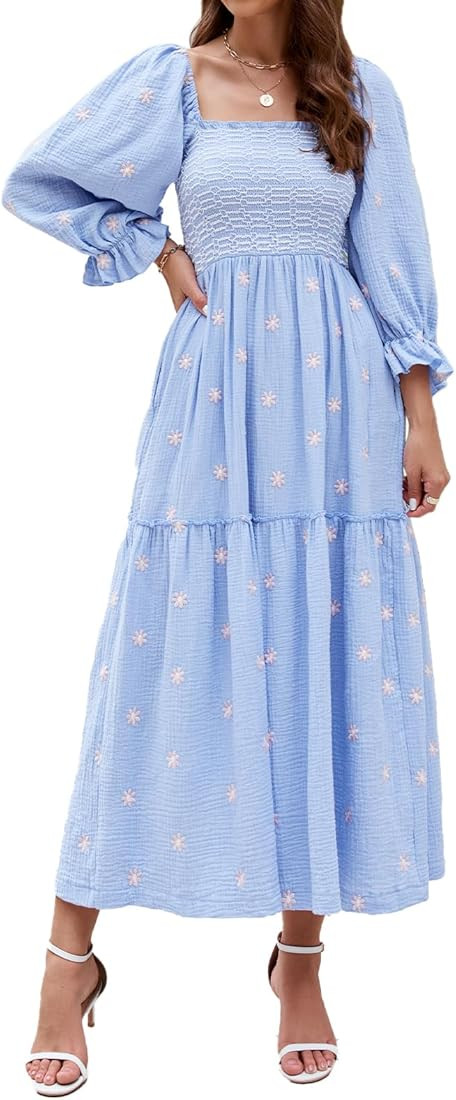 Women Floral Embroidered Maxi Dress Long Puff Sleeve Square Neck Bohemian Flowy Dress with Pocket... | Amazon (US)
