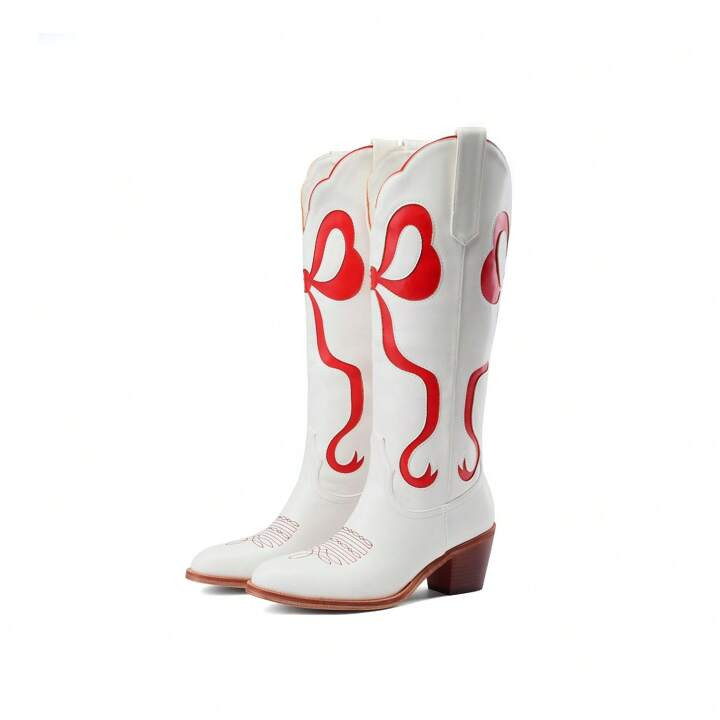 Women's White Cowgirl Boots With Bow Knee High Cowboy Boots Almond Round Toe Chunky Heel Embroide... | SHEIN