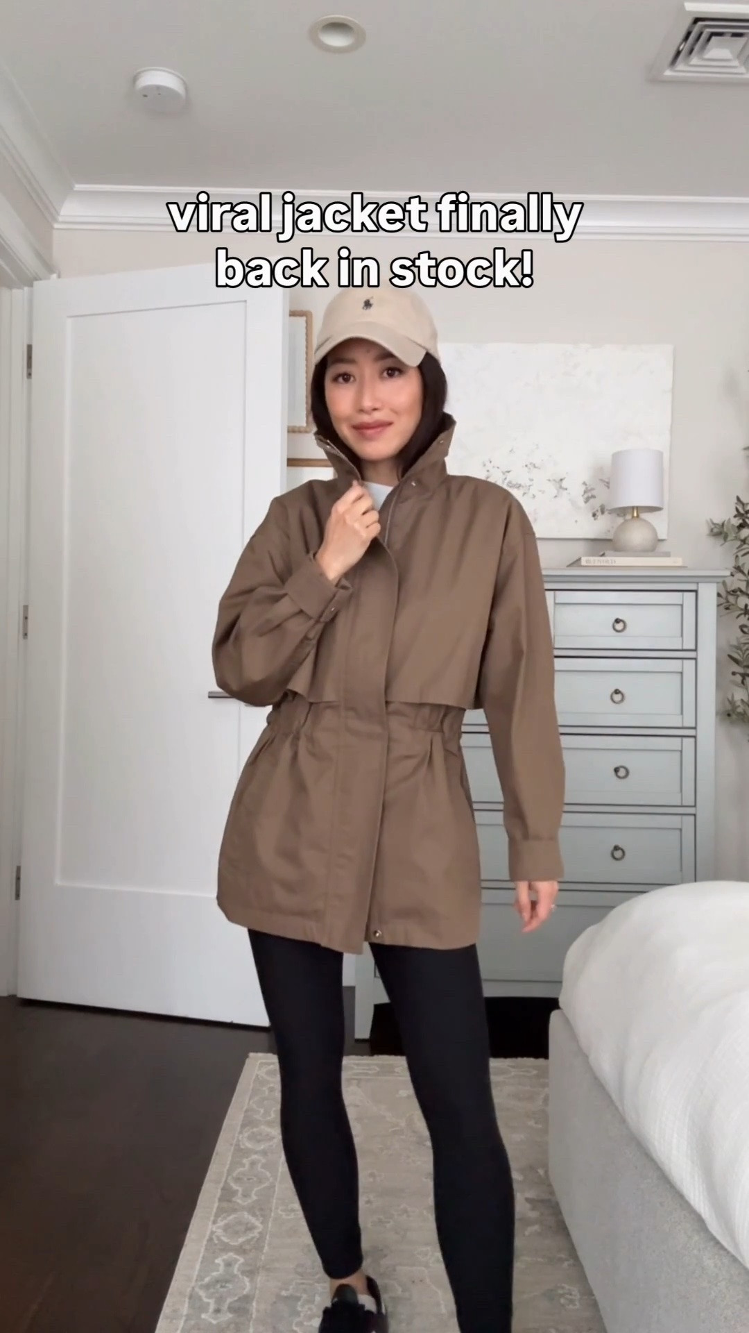 Size info below! 
• Aritzia 100% cotton jacket size 2XS folio taupe, relaxed oversized fit on me, sleeves are folded up here. When you uncinch the waist it’s a wider fit in torso with room to layer. 
This is so cute with jeans or leggings and sold out fast in spring. 
• Abercrombie leggings XS short, I size up on most leggings so it’s not too snug. 
• Aritzia white cotton tee 2XS, thicker soft and not see thru 
• Polo hat 
• Heaven Mayhem earrings 
• adidas sneakers 5 
 
Easy mom outfit, transitional fall outfit