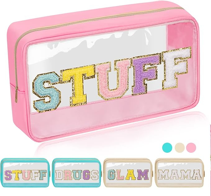 Iqimott Clear Patch Makeup Bag Stuff Pouch, Preppy Personalized Chenille Letter Cosmetic Pouch fo... | Amazon (US)