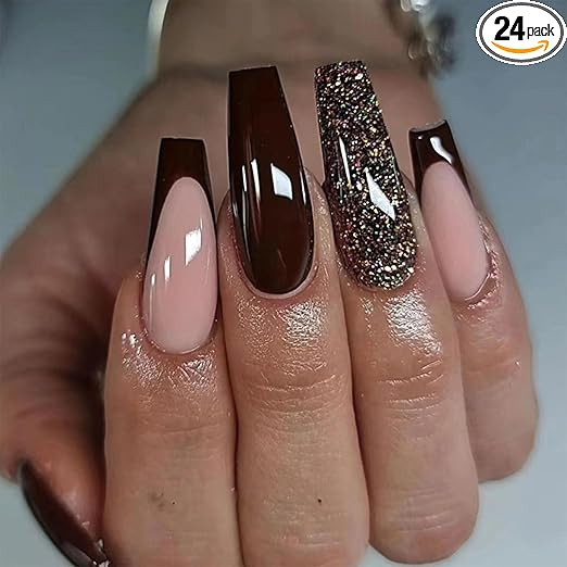 24pcs Long Coffin False Nails French Tip Stick on Nails Burgundy Glitter Press on Nails Removable... | Amazon (UK)