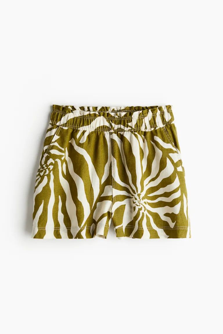 Linen Shorts - High waist - Short - Khaki green/patterned - Ladies | H&M US | H&M (US + CA)