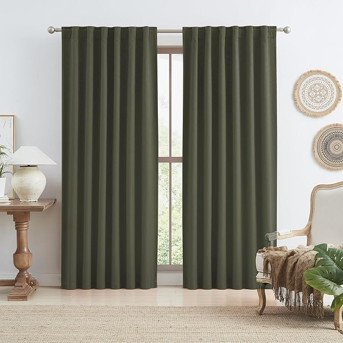 KEQIAOSUOCAI Dark Olive Green Blackout Curtains 90 Inches Long 2 Panels Set- Faux Linen Textured ... | Amazon (US)