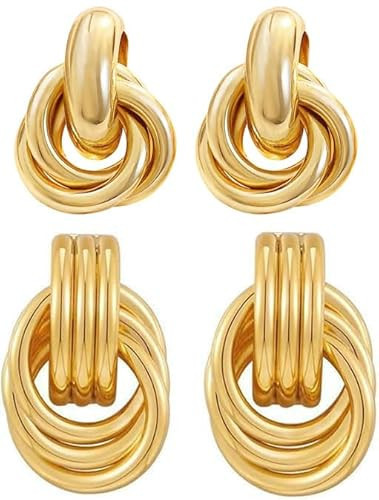 2 Pairs Gold Knot Earrings Chunky Statement Earrings Geometric Drop Dangle Earring Long Twisted Jewelry for Women | Amazon (US)
