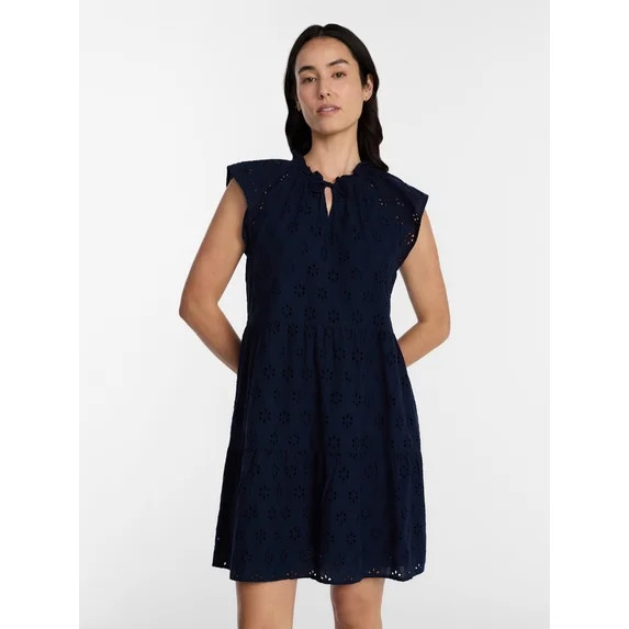 Time and Tru Women's Eyelet Embroidery Cotton Mini Dress with Flutter Sleeves, Sizes XS-XXXL | Walmart (US)