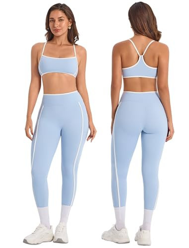 Workout Sets for Women Color Block Sports Bra Matching High Waist Tummy Control Leggings 2 Piece for Womens Gym Yoga Active Wear Pilates Outfits Two Piece Athletic Work Out Set Y-Blue X-Small | Amazon (US)
