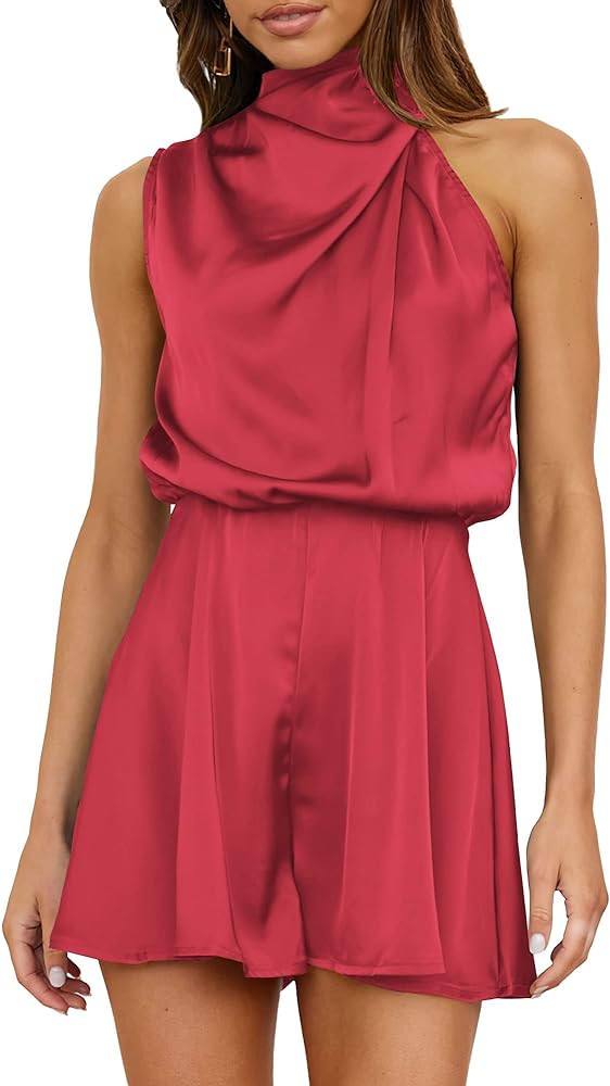BTFBM Women's Mock Neck Summer Romper 2024 Satin Sleeveless Elastic Waist Casual Beach Party One ... | Amazon (US)