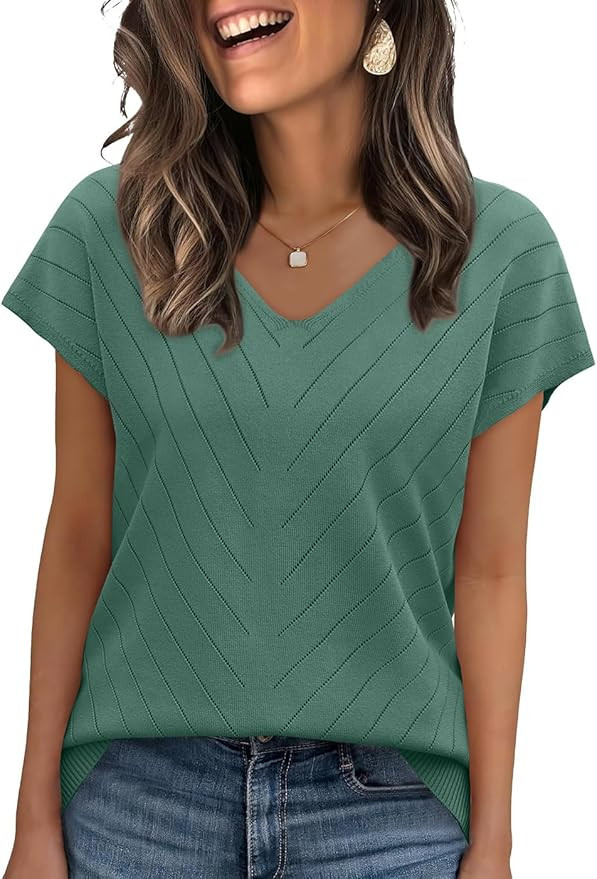 WIHOLL Short Sleeve Sweater for Women V Neck Trendy Summer Tops 2026 Beach Vacation Clothes Trave... | Amazon (US)