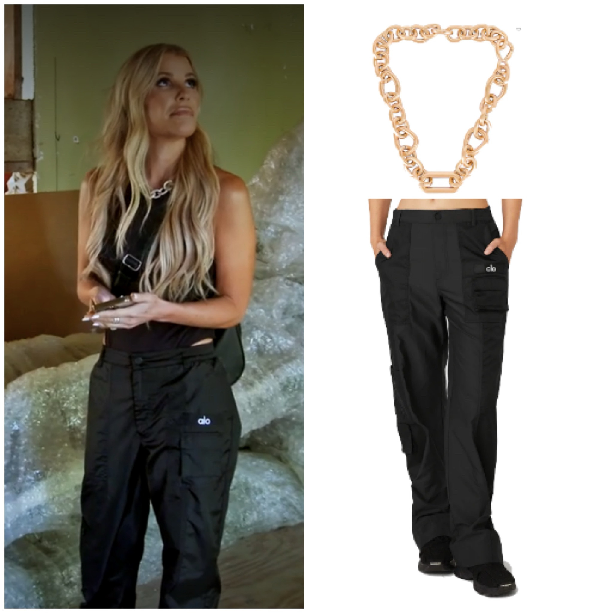 Tracy Tutor’s Black Cargo Pants and Gold Chain Necklace