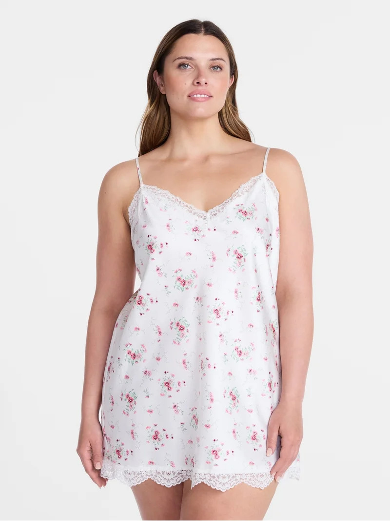 Joyspun Women's Lace Trim Stretch Satin Chemise, Sizes S-3X | Walmart (US)