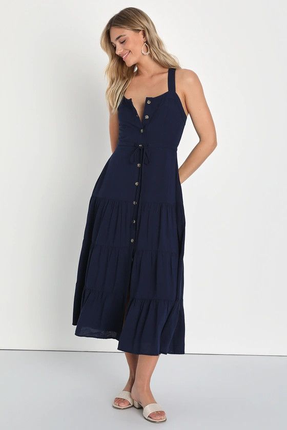 Navy Blue Button-Front Tiered Midi Dress | Summer Dresses | Vacation Dress | Beach Vacation Outfits | Lulus (US)