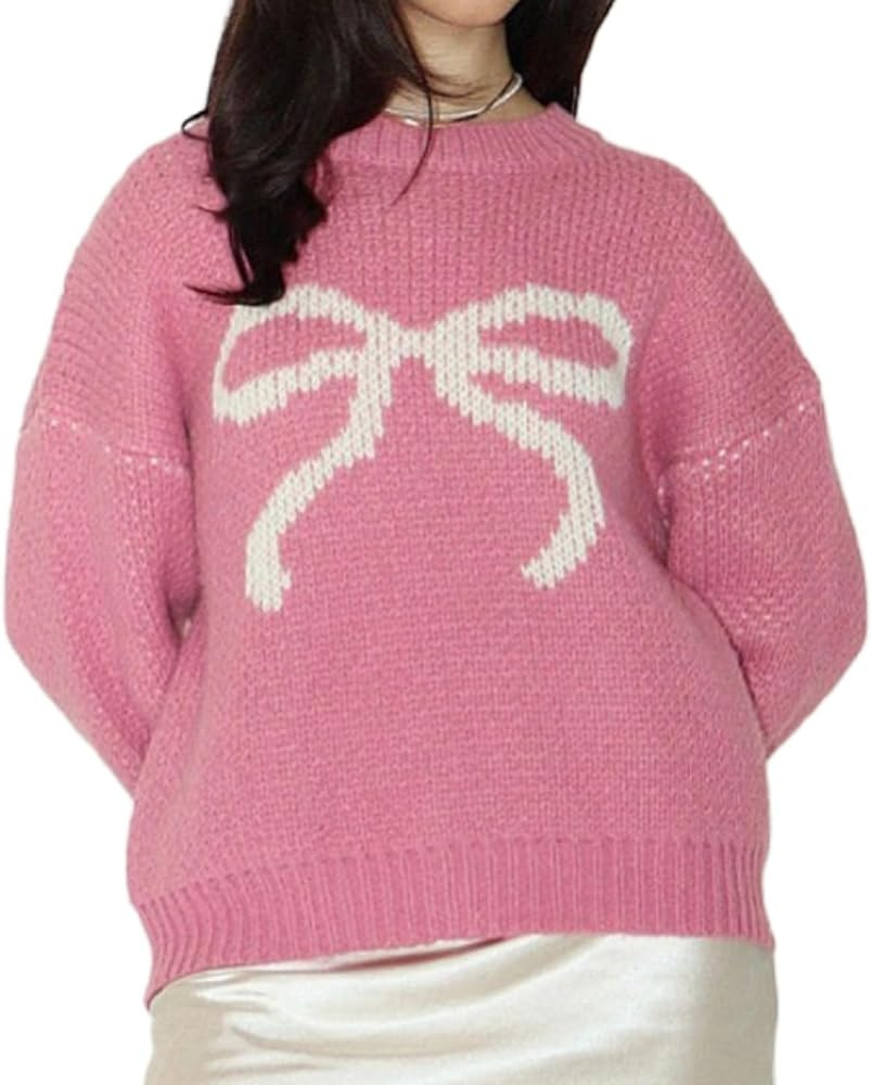 Women Y2K Bow Sweater Top Crew Neck Oversized Pullover Jumper Cute Print Long Sleeve Knit Sweater... | Amazon (US)