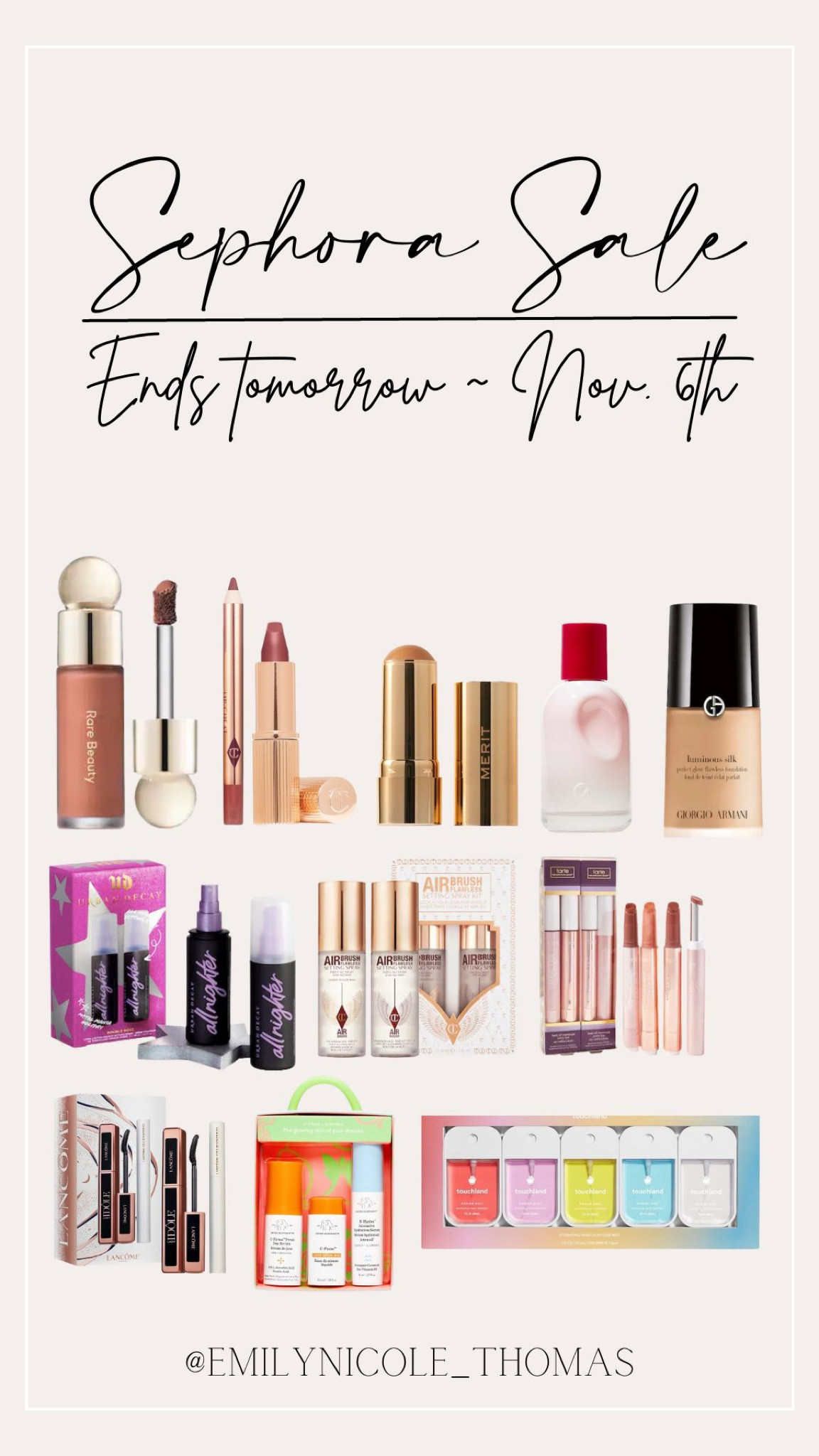 Completely dropped the ball on posting about the Sephora Sale this year, but here are my faves!!

Rare Beauty, Charlotte Tilbury, Glossier, Giorgio Armani, Urban Decay, Tarte, Lancôme, Drunk Elephant, and Touchland hand sanitizer

#LTKGiftGuide #LTKHoliday #LTKHolidaySale