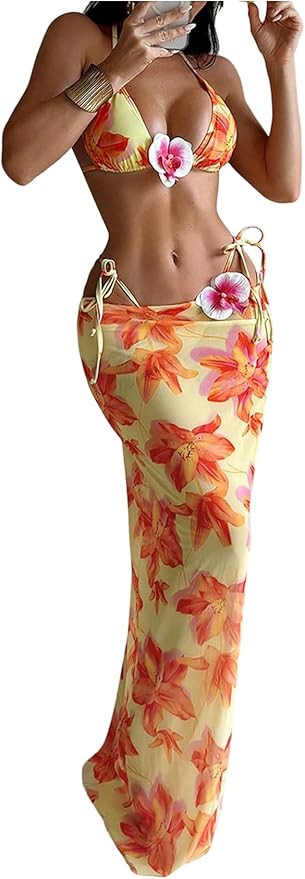 WDIRARA Women's 3 Piece Floral Halter Bikini Set Ring Linked Leopard Print Swimsuit with Coverup ... | Amazon (US)