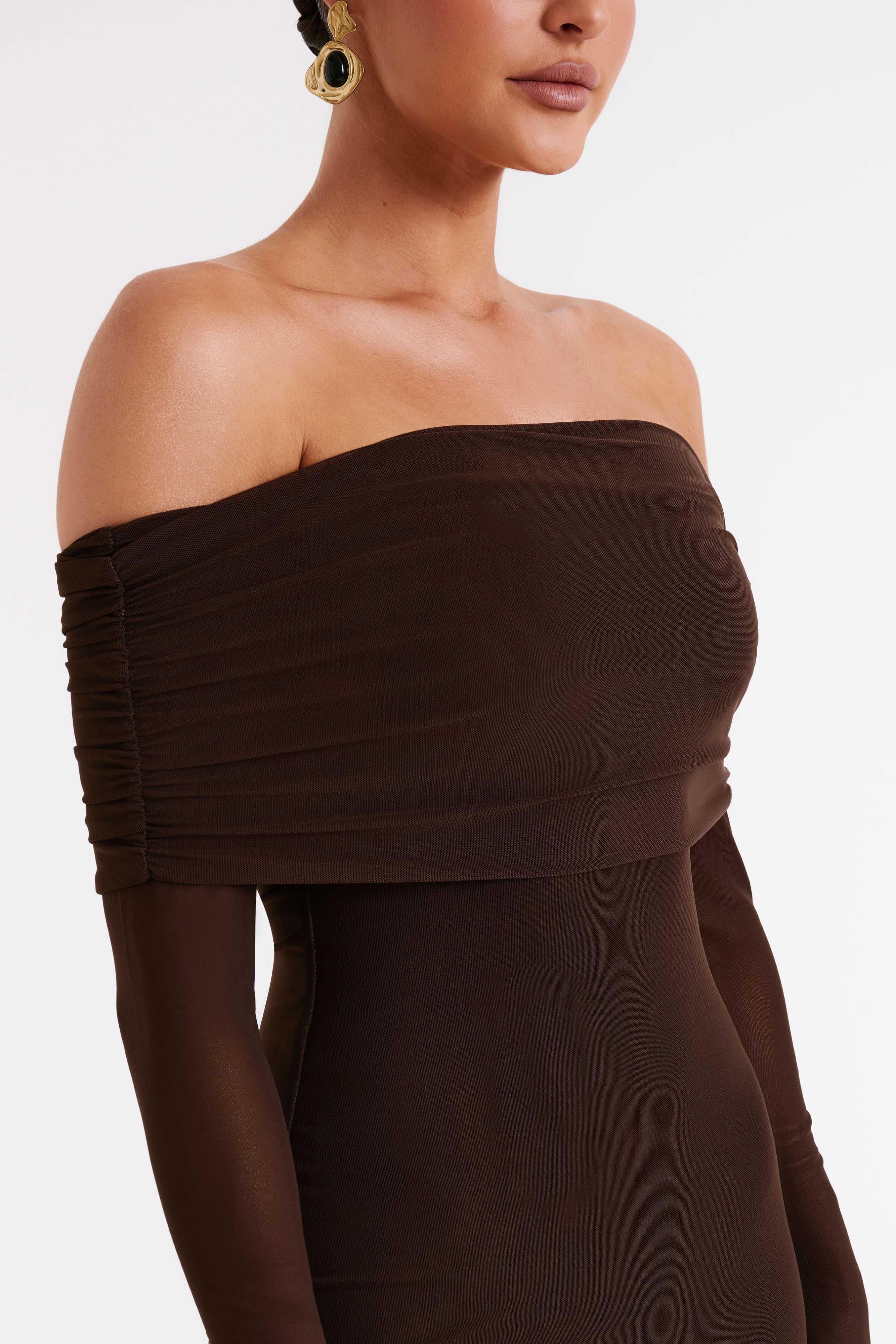 Josie Off Shoulder Mesh Maxi Dress - Dark Brown | MESHKI US