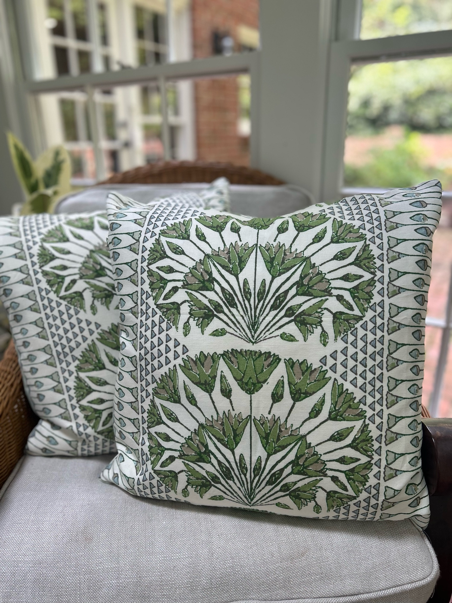These pillow covers are Removable with a concealed zipper on the bottom, made with Designer fabric by Thibaut. This pattern in Green is the perfect color for a sunroom bench or sofa. 

Multiple colors available: Green, spa, blue, coral, eggplant and neutral. 

#LTKHome