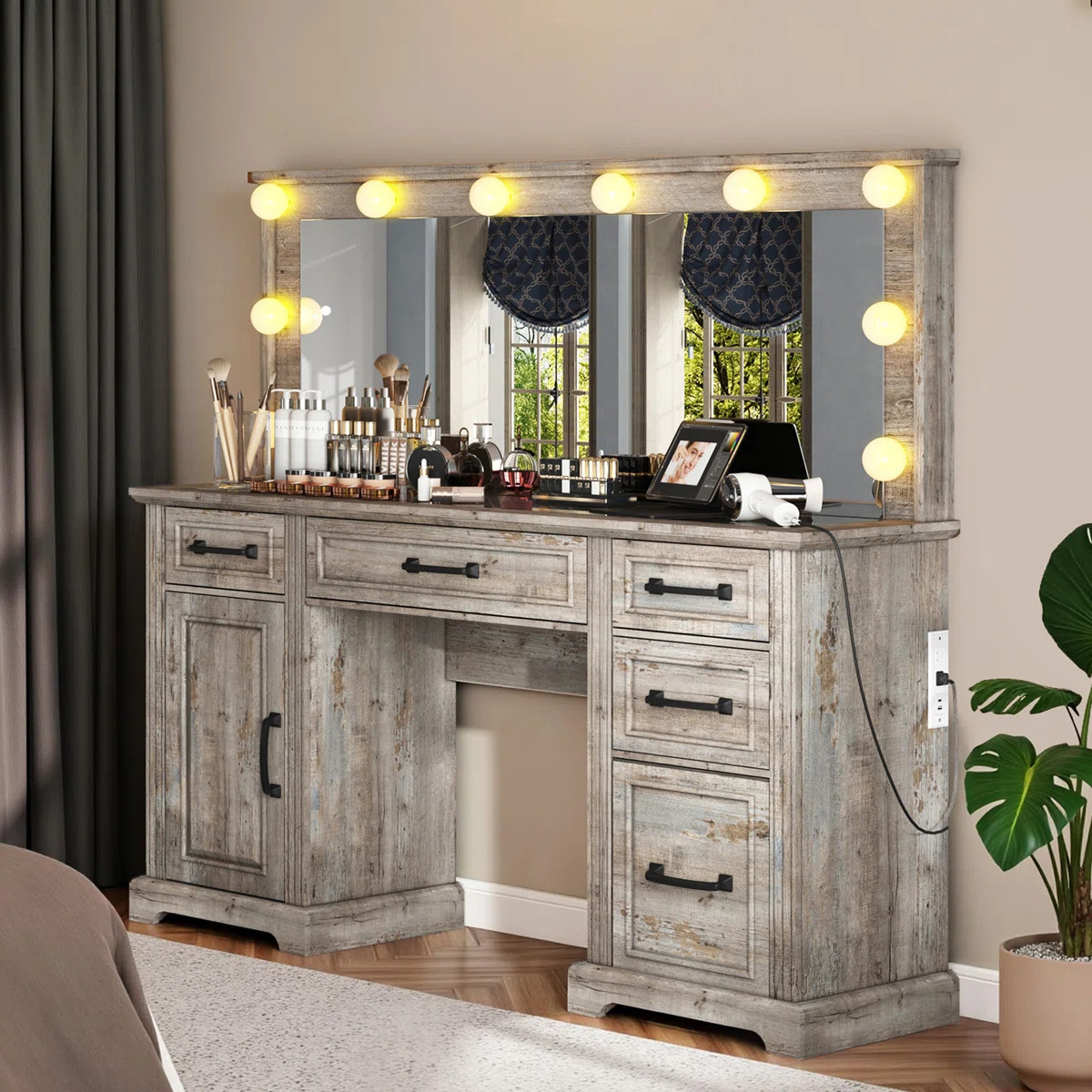 Cioeta 55.1"W Makeup Vanity with Hollywood Mirror, 5 Drawers & Adjustable Cabinet & Charging Stat... | Wayfair North America