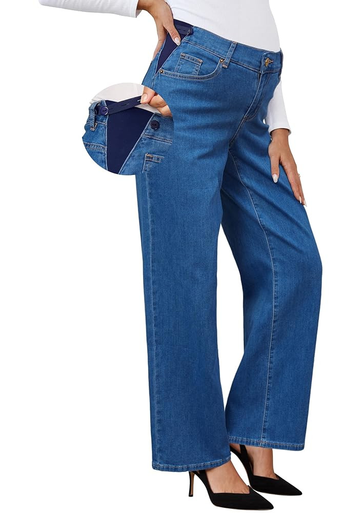 OUGES Womens Adjustable Waistband Cotton Blend Stretchy Maternity Jeans Loose Fit Straight Leg De... | Amazon (US)