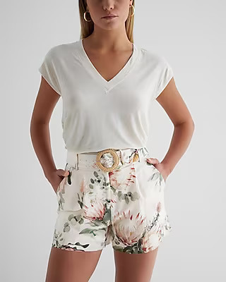 Stylist Super High Waisted Linen-blend Floral Belted Shorts | Express