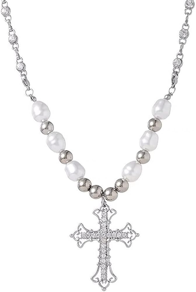 Y2k Pearl Cross Necklace Coquette Aesthetic Baddie Irregular Pearl Crystal Cross Chain Necklace C... | Amazon (US)
