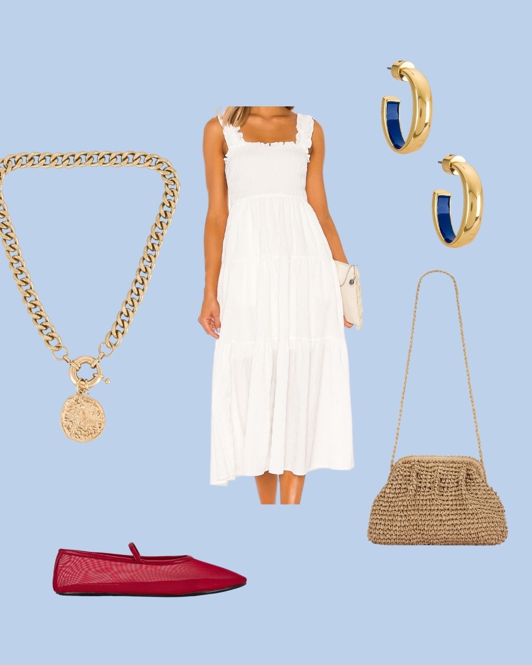 A cute white dress for the 4th 💙

4th of July outfit, white summer dress, holiday weekend look, cute patriotic outfit, coastal July 4th style, red white and blue fashion, chic summer holiday outfit, woven accessories, blue earrings, red flats outfit, elevated patriotic outfit, Independence Day outfit inspo, summer party dress

#LTKSummerEdit #LTKSeasonal #LTKStyleTip