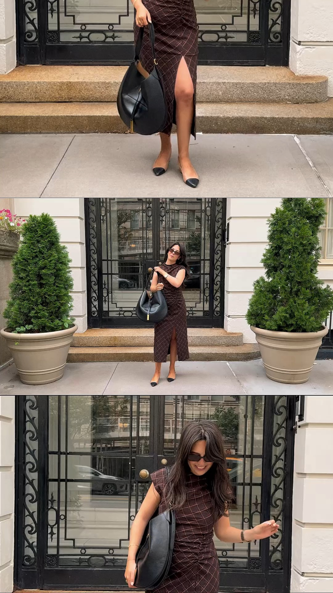 Chocolate brown is officially my fall neutral 🤎 This ruched plaid midi dress is the perfect transitional piece for work, dinner, or a day in the city. Styled with cap-toe heels, a black shoulder bag, and sunnies for an easy polished NYC look