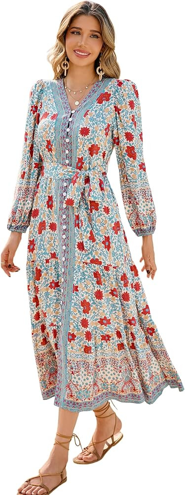 R.Vivimos Women's Long Sleeve Boho Midi Dress V Neck Floral Print Casual Button Down Loose Ruffle... | Amazon (US)