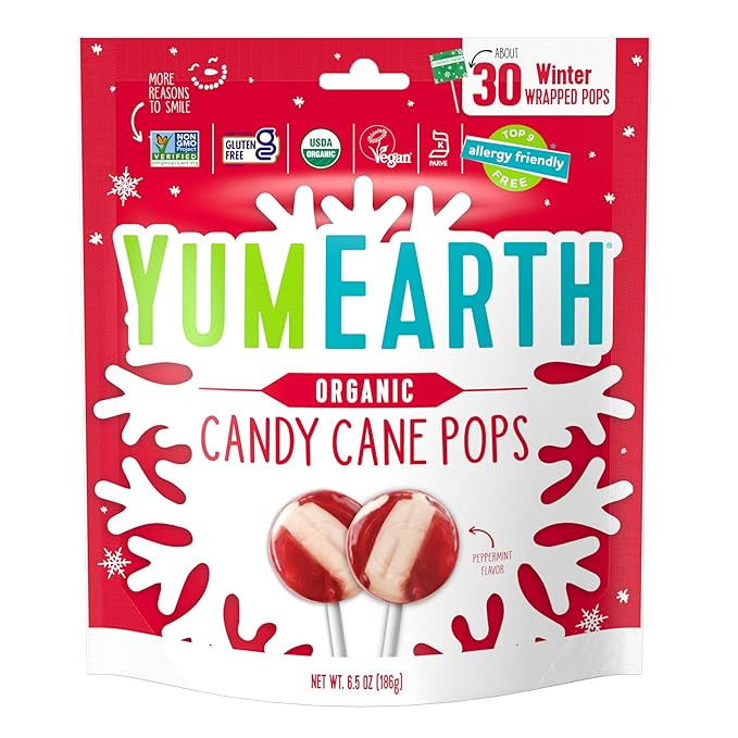 YumEarth Organic Candy Cane Lollipops - Individually Wrapped Peppermint Pops - Dye Free, Allergy ... | Amazon (US)