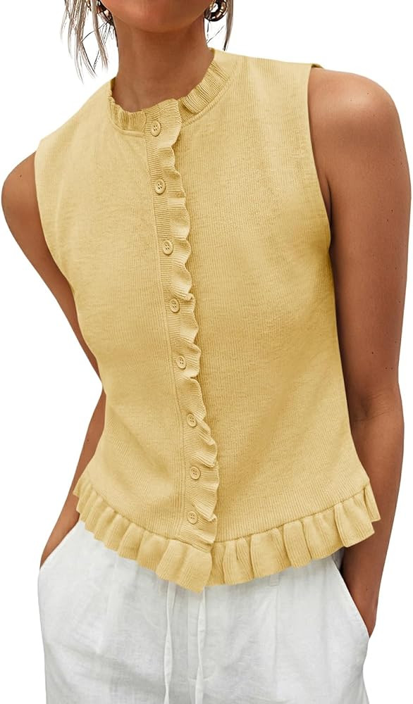 Saodimallsu Womens Sleeveless Sweater Vest Ruffle Button Down Knit Tank Top Summer Trendy Going O... | Amazon (US)