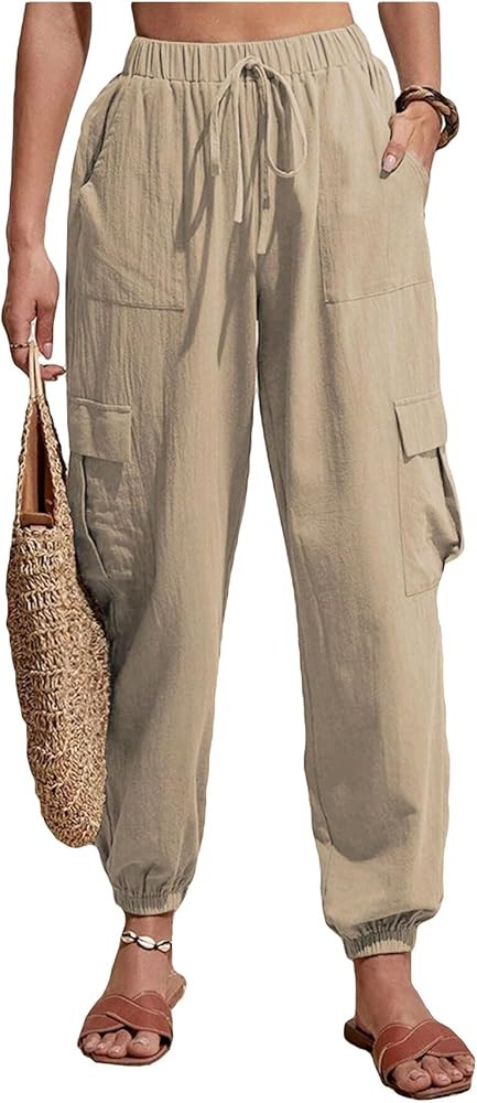 Women's Elastic High Waisted Cargo Pants Casual Tie Front Long Pants Lounge Trousers | Amazon (US)
