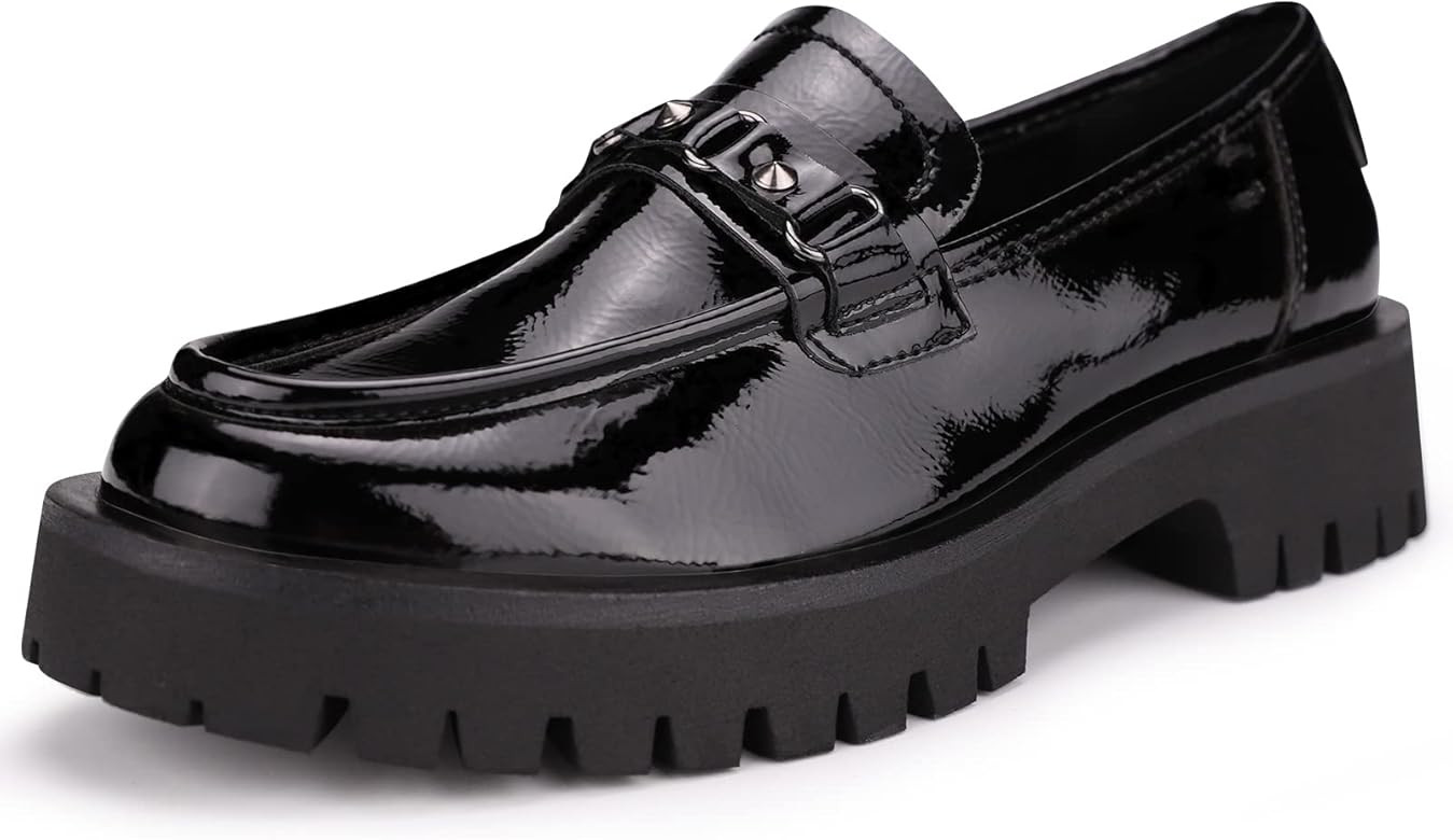 ISOMEI Black Loafers for Women Comfort Chunky Heel Platform Patent Leather Chunky Loafers | Amazon (US)