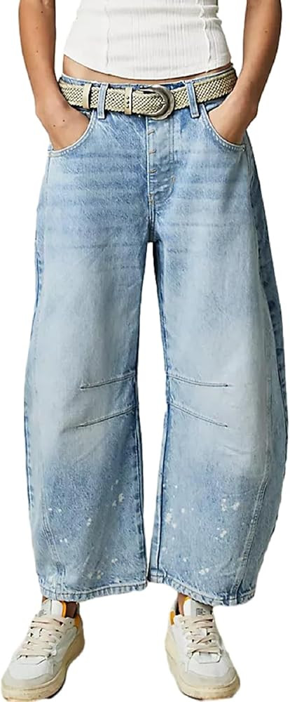Women Loose Cropped Jeans Midi Waist Baggy Barrel Jeans Vintage Boyfriend Tapered Denim Pants | Amazon (US)