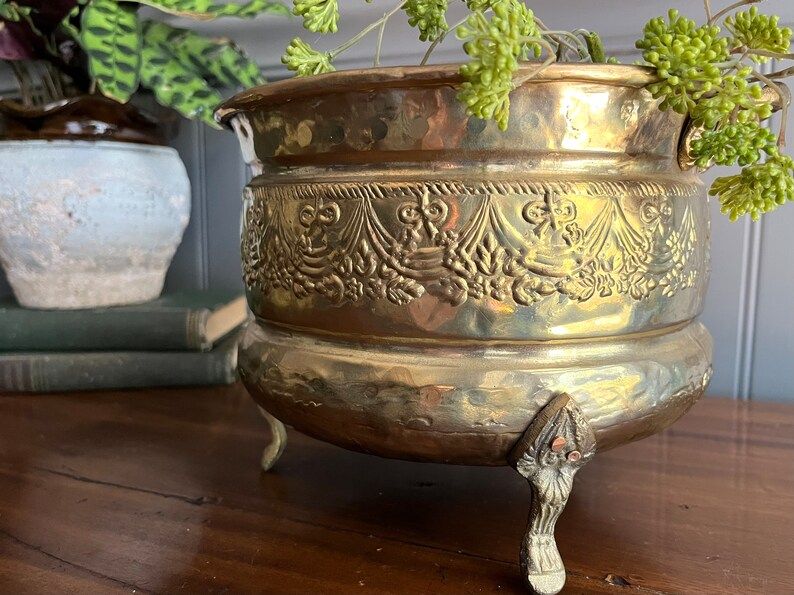 Vintage Decorative Footed & Handle Planter W/ Embossed Floral - Etsy | Etsy (US)